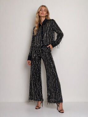AKIRA Black Sequin Fringe Set ✨ Crop Top + Wide Leg Pants | S/M | Glam Party